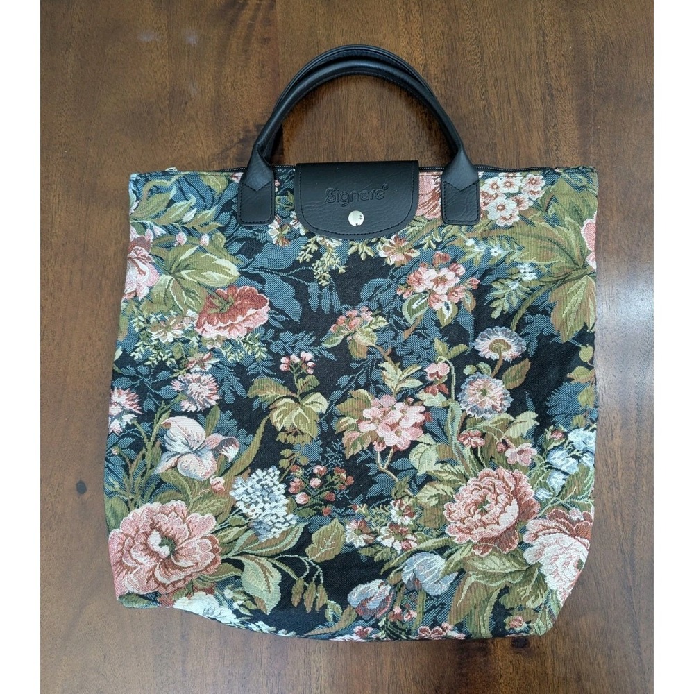 Signare Woven Tapestry Folding Reusable Shopping Bag Peony Flower Design Artsy
